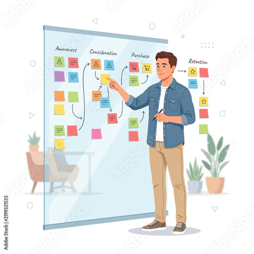 Man planning marketing strategy on a glass board with sticky notes: Awareness, Consideration, Purchase, Retention