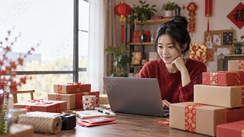 Asian small business owner preparing for Lunar New Year celebrations at home, surrounded by festive decorations, red gift boxes, and a laptop for managing online sales.