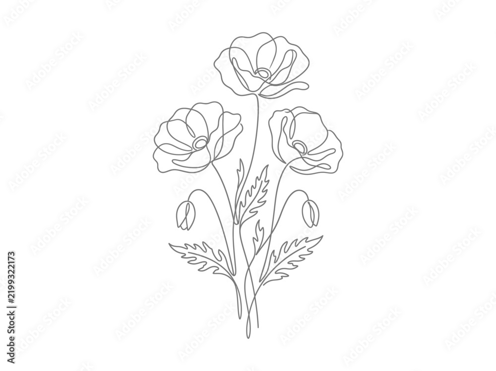 Obraz premium Continuous line drawing of a bouquet of three poppy flowers with leaves and buds, minimalist botanical illustration, elegant floral design, handdrawn sketch style