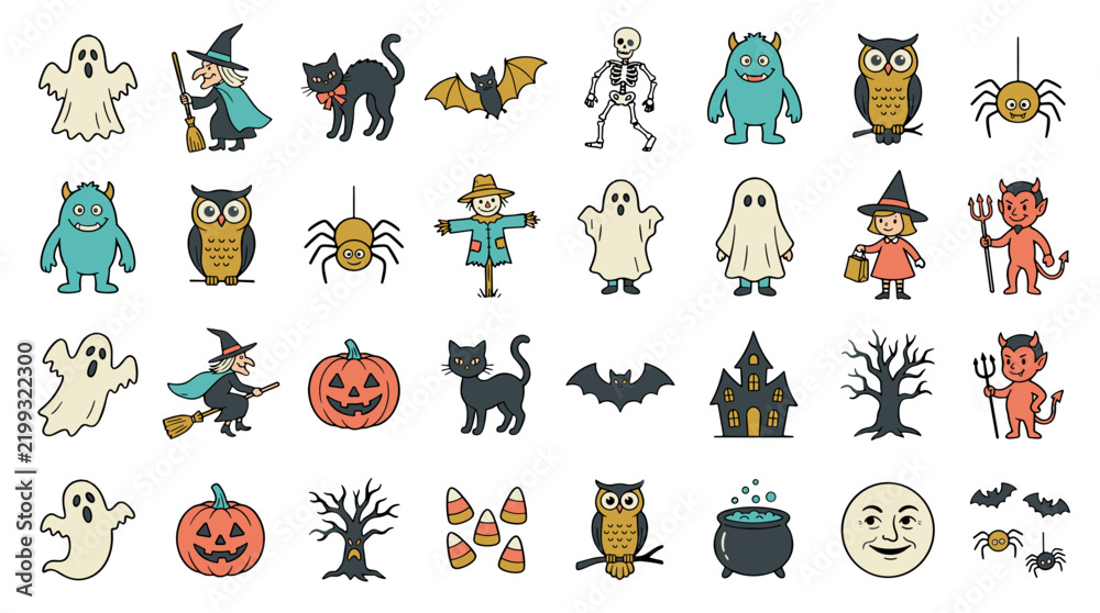 Obraz premium Collection of cute halloween and spooky themed cartoon characters and creatures