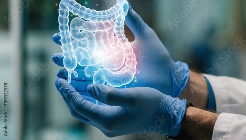 Doctor Hands in Gloves Holding 3D Hologram Human Intestine Digestive System Healthcare Concept