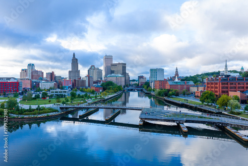Drone view over the Providence River of Downtown Providence, Rhode Island