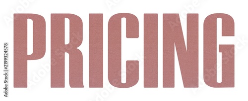 PRICING word with terracotta colored fabric texture on white background.