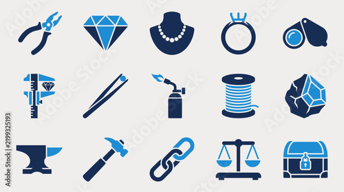 Foto Set of jewelry making and gemstone appraisal tools and accessories icons with ge