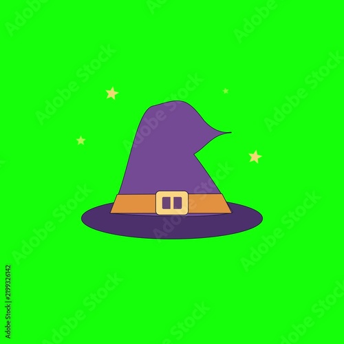 A purple witch hat with a brown belt and buckle, decorated with small yellow stars on a bright green background, perfect for Halloween themes