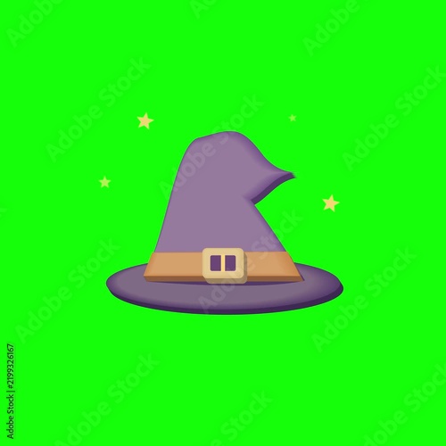 A purple wizard hat with a belt buckle and yellow stars against a green background. This image has a chroma key, ready for editing