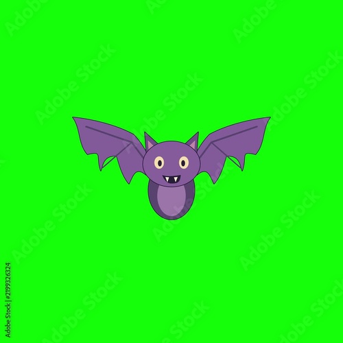 A cute purple bat with big eyes and wings spread wide, isolated on a vibrant green background