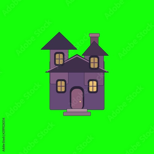 A spooky purple haunted house with glowing windows stands against a bright green background, perfect for Halloween or fantasy themes