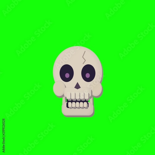 A cartoon skull with purple eyes and a cracked forehead against a vibrant green background