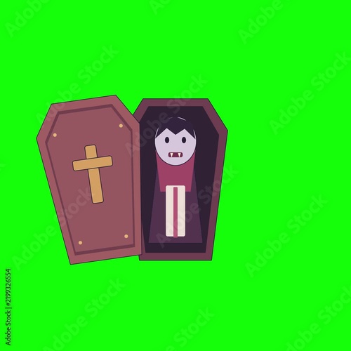 A cartoon vampire lies inside an open coffin, set against a green screen. The vampire has pale skin, dark hair, and is wearing a red and white outfit.