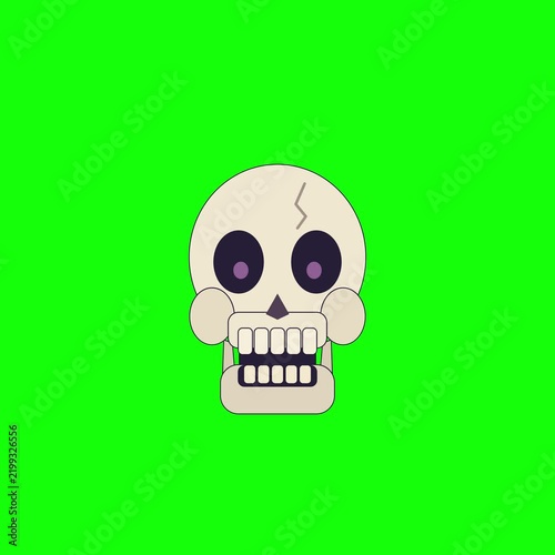 A cartoonish skull with a crack on its forehead against a bright green background