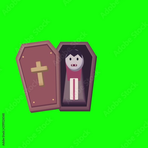 A cartoon vampire resting in an open coffin with a cross inside against a green screen background