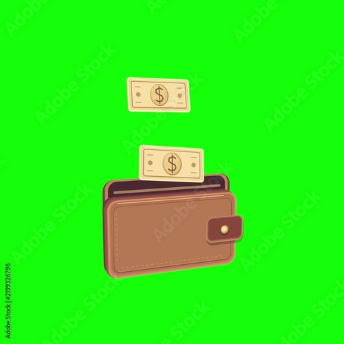 A simple illustration of a brown wallet with cash going into it on a green background