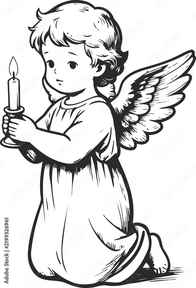 Fototapeta premium Kneeling angel holding lit candle cute winged child with peaceful expression, spiritual and holy illustration