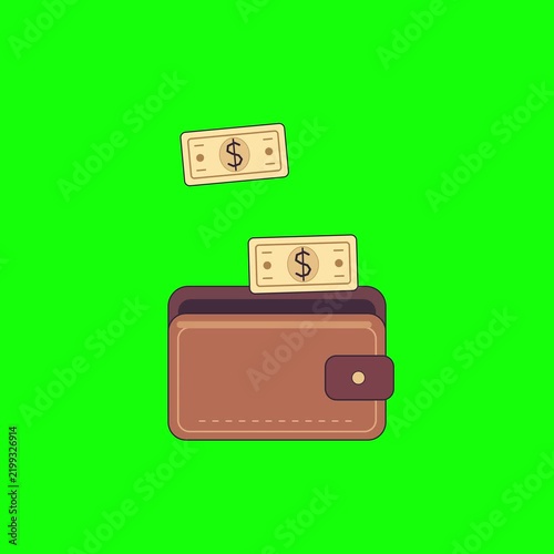 A wallet with cash falling into it against a green background