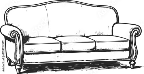 Classic three seater sofa with rolled arms and detailed upholstery design, vintage furniture illustration