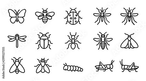 Editable Insect Outline Icons with Butterfly Bee Mosquito and Ladybug Vector Set