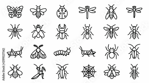 Modern Thin Line Insect Editable Vector Icon Set with Butterflies Bees and Ladybugs
