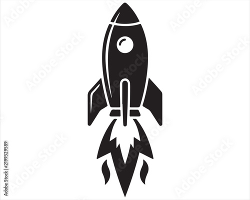Minimalist rocket ship icon taking off with space launch space exploration start up business growth vector illustration graphic design black white web design interface element blast off