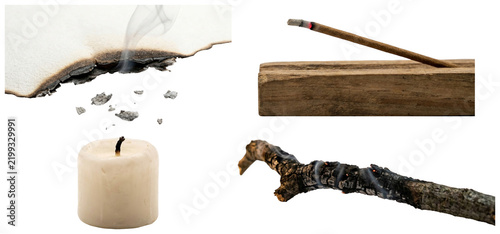 A collection of smoldering objects with smoke, ash, and charred details in a minimal studio style.