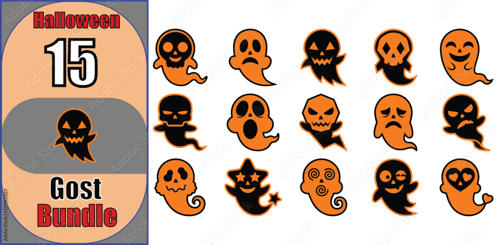 Obraz premium Set of fifteen cute and spooky ghost character illustrations for halloween decorations and festive graphic design projects