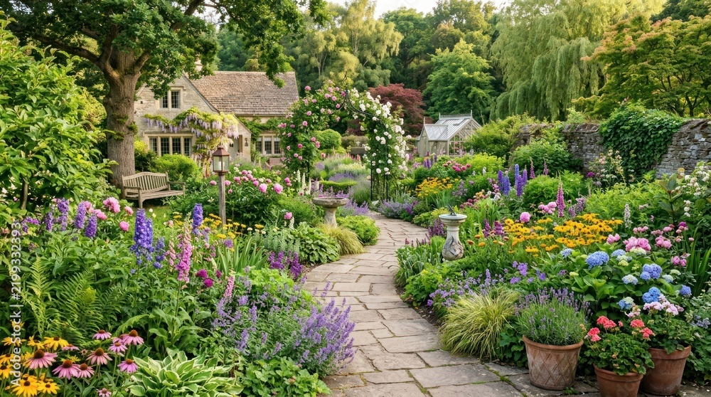 Fototapeta premium A picturesque garden with a stone path, colorful flowers, and a house in the background.