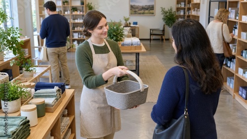 Retail worker handing a shopping basket to a customer.