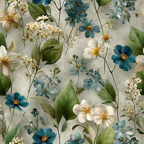 High-resolution seamless watercolor flower pattern depicting wildflowers on a wall background
