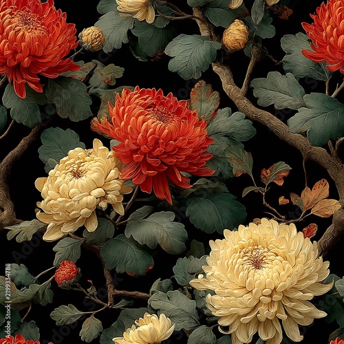 Beautiful bunch of chrysanthemums with leafy branches on a tree in an asian-inspired setting