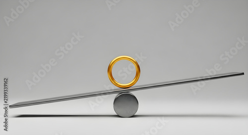Conceptual depiction of a golden ring balanced on a metallic seesaw representing stability and equilibrium