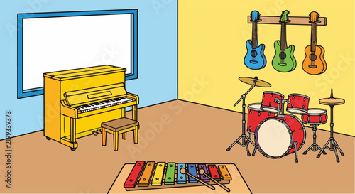 Colorful Music Room Vector Icon Illustration Featuring Various Instruments