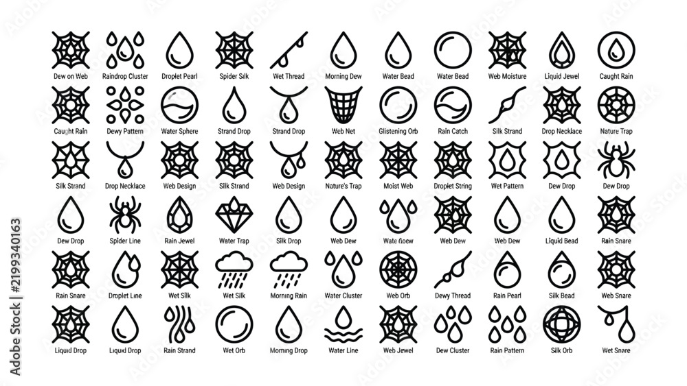 Fototapeta premium A comprehensive collection of black and white vector icons featuring spider webs rain drops and morning dew elements for graphic design projects