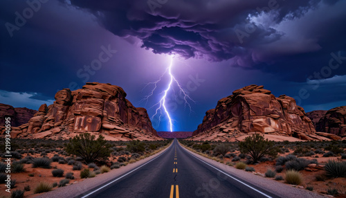 Desert road lightning storm canyon rock sky highway landscape desert cloud