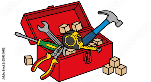 Vector icon illustration of an open red toolbox packed with essential repair tools. Perfect for DIY, home maintenance, construction, and handyman service concepts