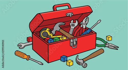 Open red toolbox with construction hand tools icon vector graphic on light green background