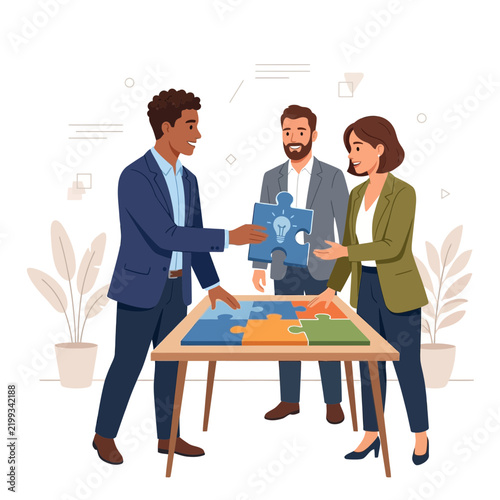 Diverse business team collaborating to solve a puzzle, symbolizing teamwork, problem-solving, and idea generation with a lightbulb.