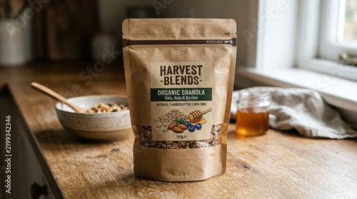 A package of organic granola sits on a wooden table with a bowl and honey jar in the background. The packaging is brown paper with a green label