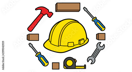 Yellow safety helmet surrounded by construction tools icon, vector illustration of hammer, screwdriver, wrench and tape measure on white background