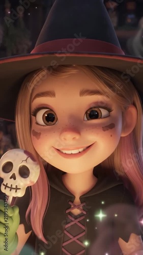 3D Cute Witch Cooking Magical Candy Cauldron Animation	
