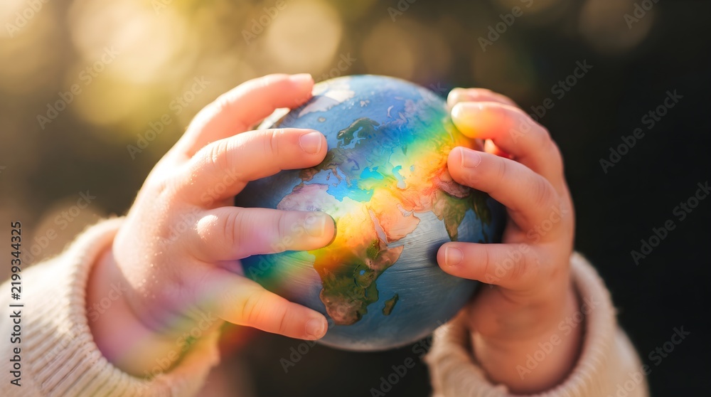 Obraz premium Kid Hands Holding Rainbow Prismatic Glass Globe Sphere Magic Concept