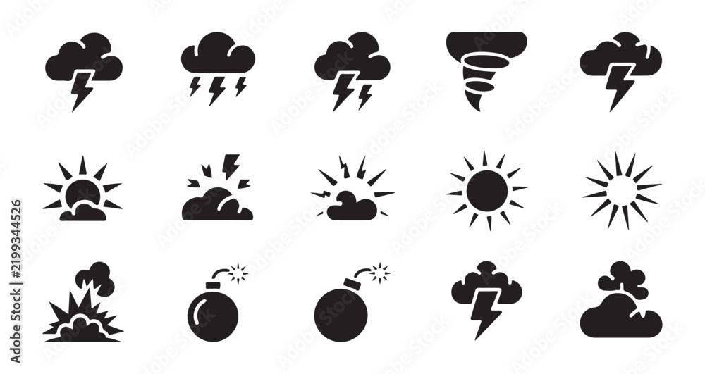 Obraz premium Severe weather conditions silhouette icons pack featuring storm clouds lightning and tornado symbol.