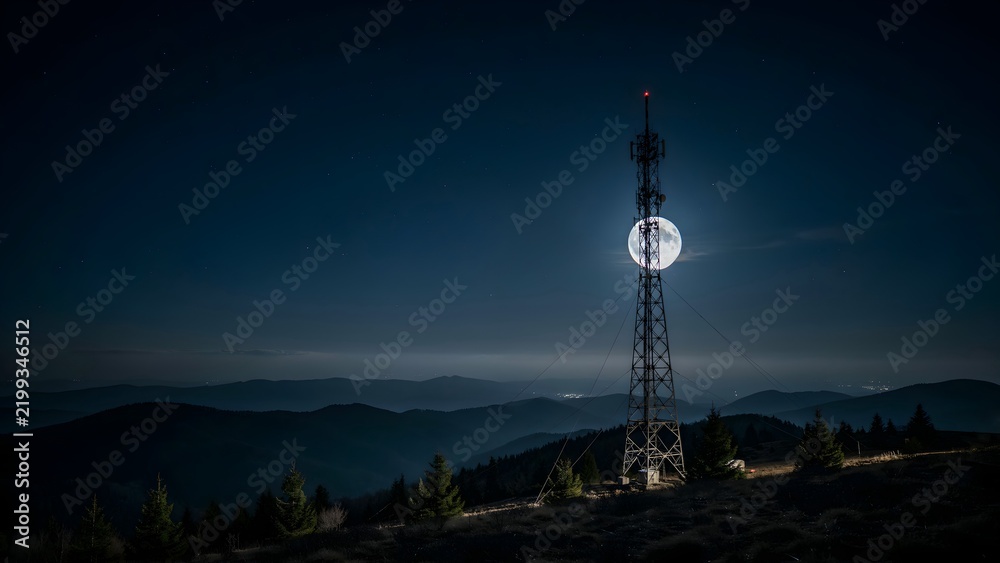 Obraz premium Tower under Full Moon with Scenic Mountain Landscape at Night