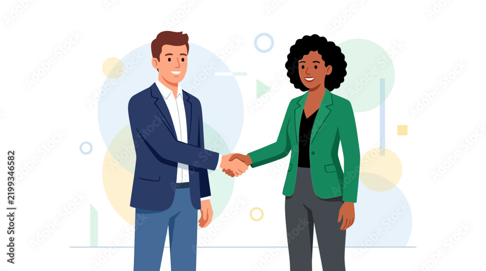 Obraz premium Diverse Business Partners Shaking Hands in Modern Office Setting with Abstract Geometric Background