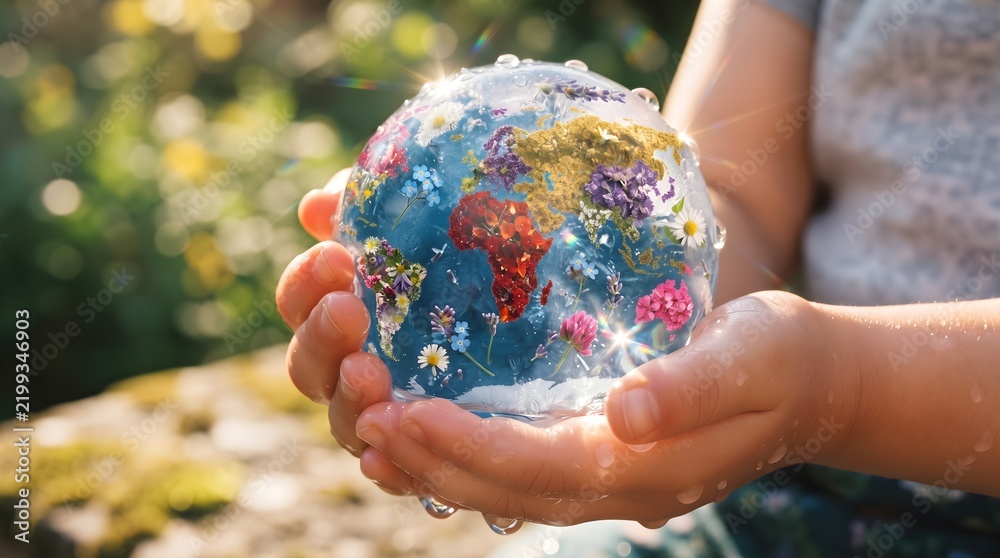 Obraz premium Child Hands Holding Glass Globe Refracting Vibrant Rainbow Sunlight Spectrum
