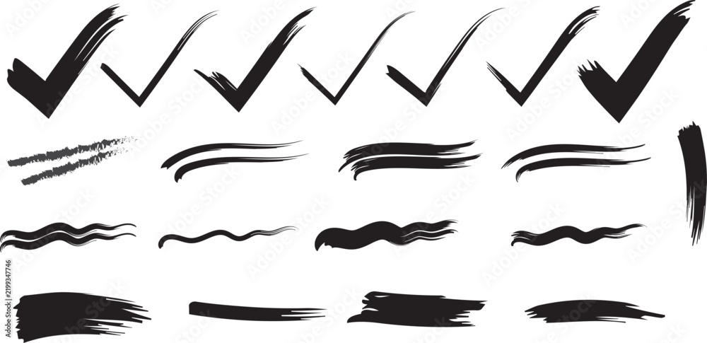 Fototapeta premium Collection of hand drawn black ink check marks and grunge brush stroke textures