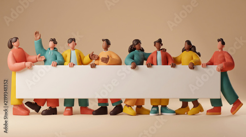 Row of colorful 3D clay-style cartoon people of diverse looks holding a large blank white banner on a beige background, one waving. Playful 3D illustration with copy space for teamwork, community, ann