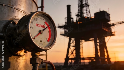 Industrial pressure gauge showing red critical depletion zone on oil storage tank concept of strategic petroleum reserve crisis