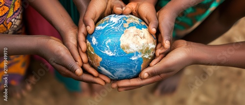 Diverse hands gently holding a miniature Earth globe, symbolizing unity, diversity, and global cooperation
