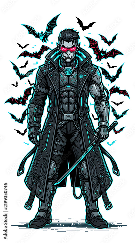 Fototapeta premium Cyberpunk Vampire Warrior Character with Neon Bats