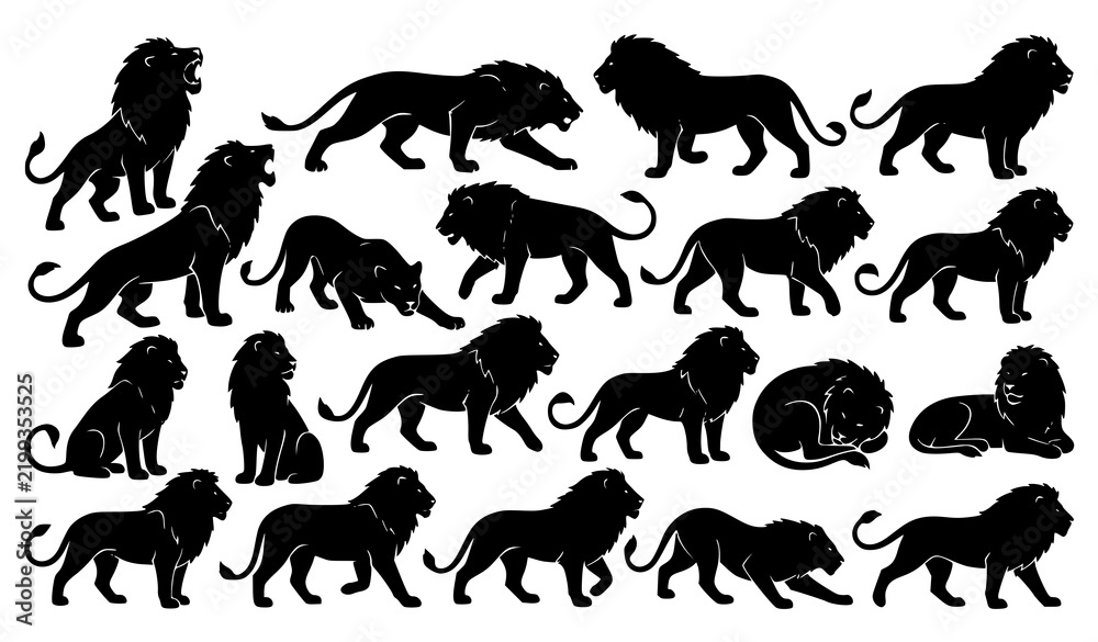 Obraz premium 20 Black Lion Mascot Silhouettes Dynamic Poses Laser Cut Cricut Vector
